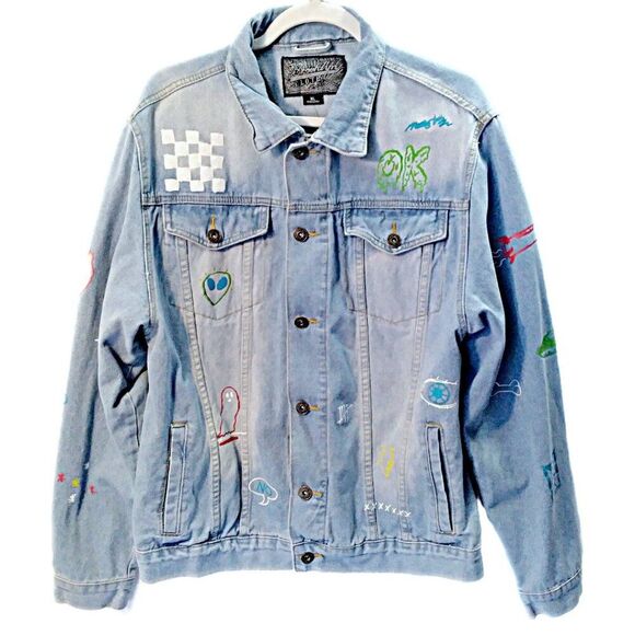 90s Brooklyn Cloth Savage Blue Alien Long Sleeve Pocket Denim Trucker Jacket XL - Picture 1 of 12